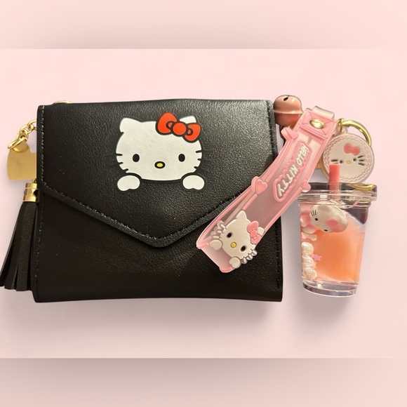 Hello Kitty Handbags - 🎀 Hello Kitty Black Mini Wallet w/ Pink Charm Drink Keychain - NEW 🎀